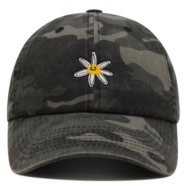 Flower Smile Premium Dad Hat Embroidered Cotton Baseball Cap Floral Emblem