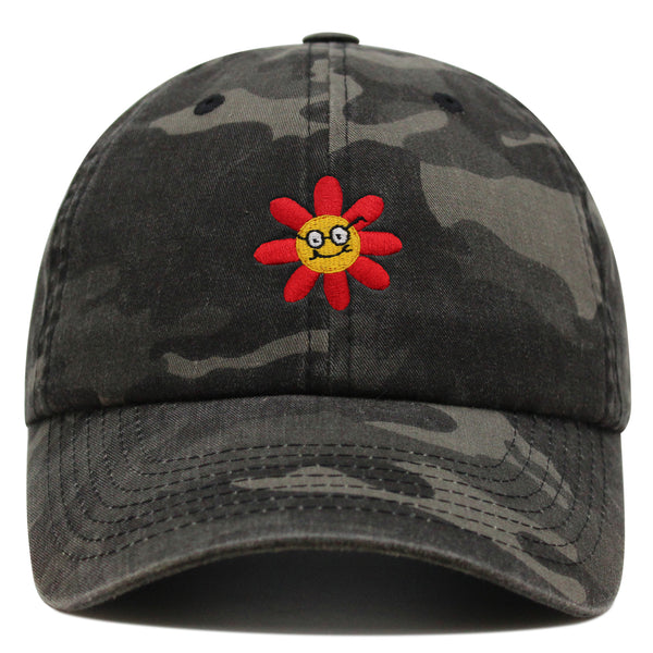 Smart Flower with Glasses Face Premium Dad Hat Embroidered Cotton Baseball Cap Botanical Hipster