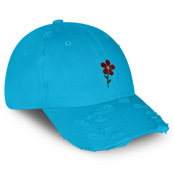 Red Flower Vintage Dad Hat Frayed Embroidered Cap Floral