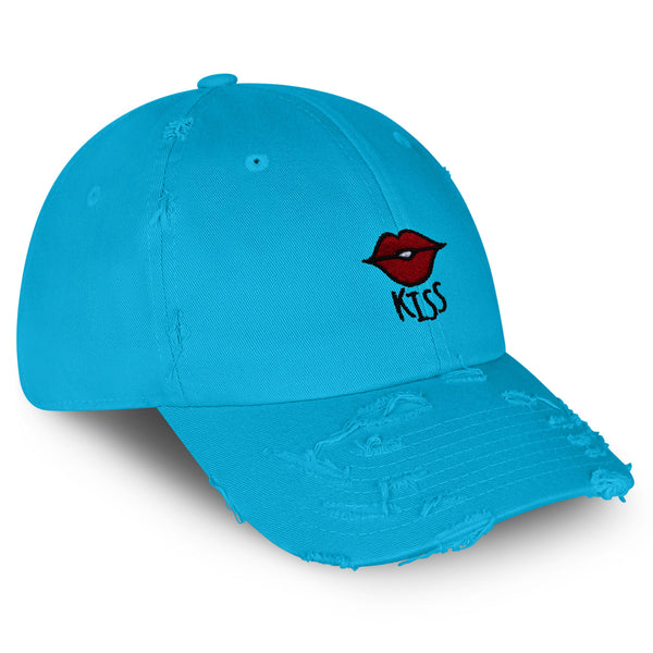 Kiss Lips Vintage Dad Hat Frayed Embroidered Cap Love Red