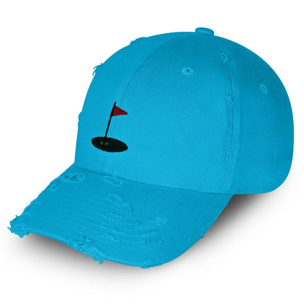 Golf Cup Vintage Dad Hat Frayed Embroidered Cap Golf Ball Hole Flagstick, Pin