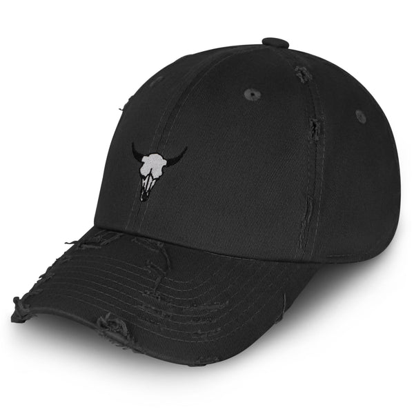 Bull Skull Vintage Dad Hat Frayed Embroidered Cap Cowboy