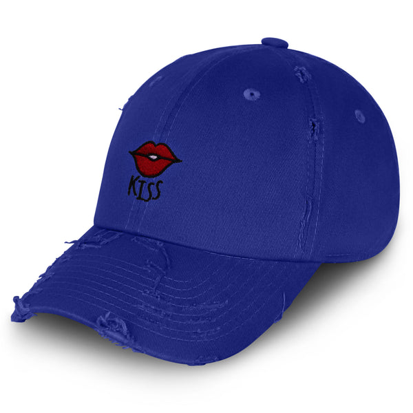 Kiss Lips Vintage Dad Hat Frayed Embroidered Cap Love Red