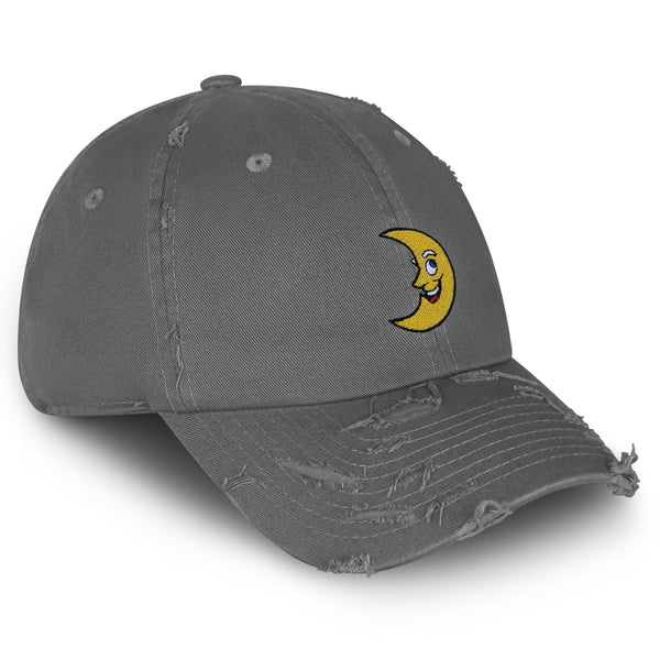 Smiling Crescent Moon Vintage Dad Hat Frayed Embroidered Cap Funny