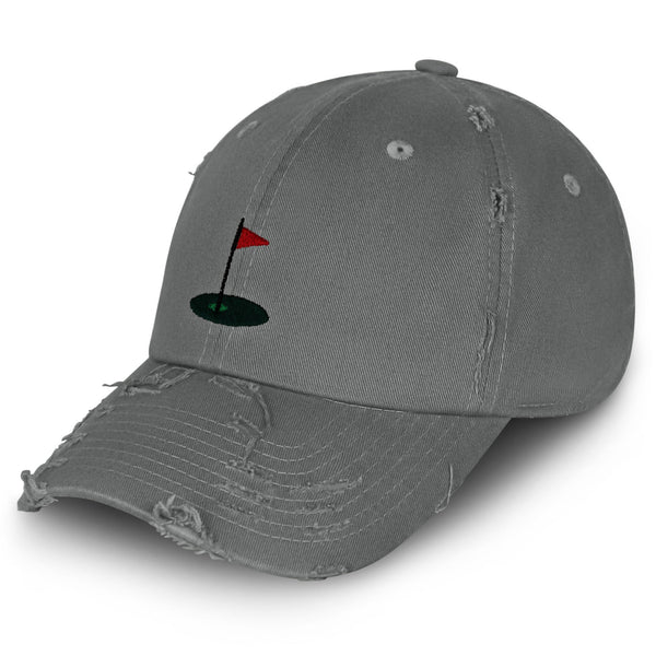 Golf Cup Vintage Dad Hat Frayed Embroidered Cap Golf Ball Hole Flagstick, Pin