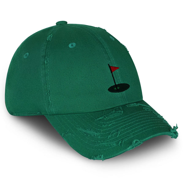 Golf Cup Vintage Dad Hat Frayed Embroidered Cap Golf Ball Hole Flagstick, Pin