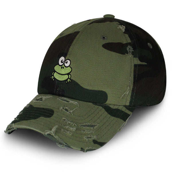 Frog Vintage Dad Hat Frayed Embroidered Cap Green