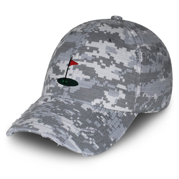 Golf Cup Vintage Dad Hat Frayed Embroidered Cap Golf Ball Hole Flagstick, Pin