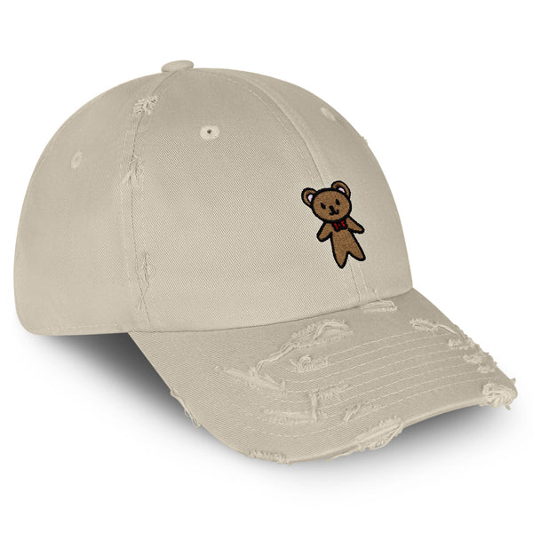 Teddy Bear Vintage Dad Hat Frayed Embroidered Cap Ribbon Brown