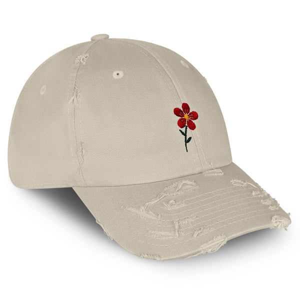 Red Flower Vintage Dad Hat Frayed Embroidered Cap Floral