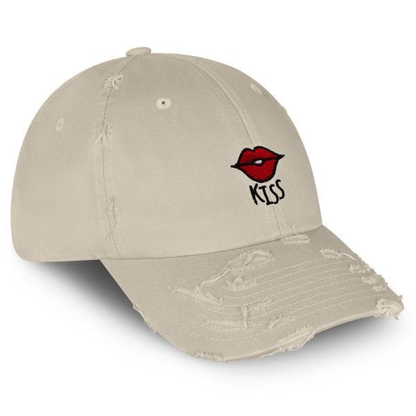 Kiss Lips Vintage Dad Hat Frayed Embroidered Cap Love Red