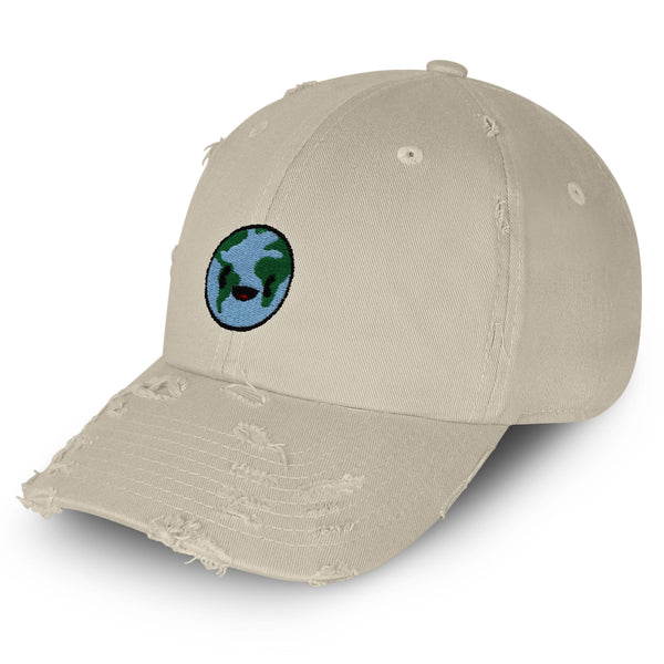 Happy Earth Vintage Dad Hat Frayed Embroidered Cap Earth Environment