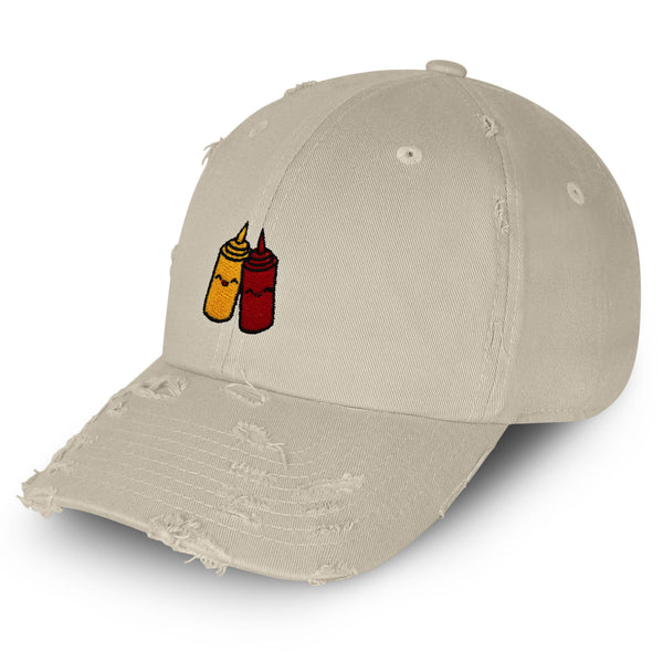 Ketchup and Mustard Vintage Dad Hat Frayed Embroidered Cap Foodie Sauces, Ketchut, Mustard