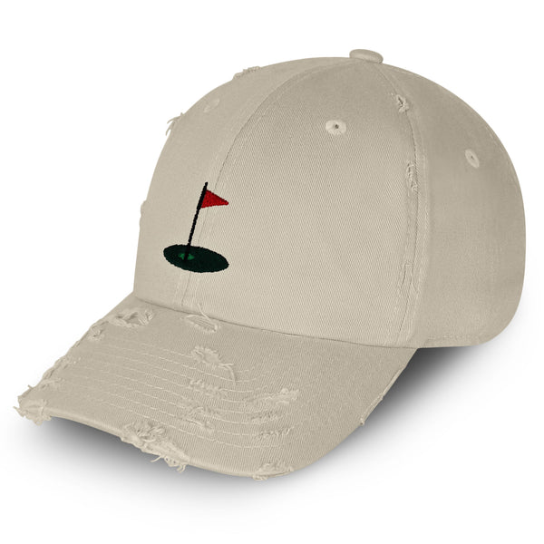 Golf Cup Vintage Dad Hat Frayed Embroidered Cap Golf Ball Hole Flagstick, Pin