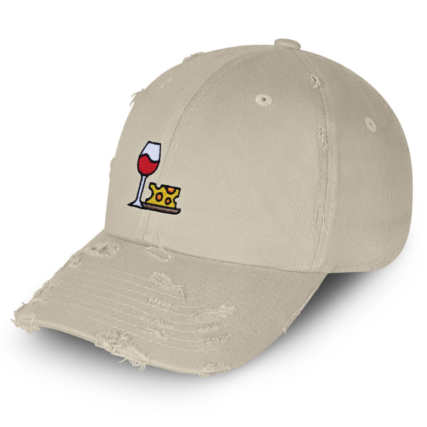 Wine and Cheese Vintage Dad Hat Frayed Embroidered Cap Winery Logo