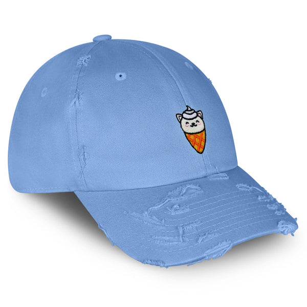 Ice Cream Cat Vintage Dad Hat Frayed Embroidered Cap Ice Cream Foodie