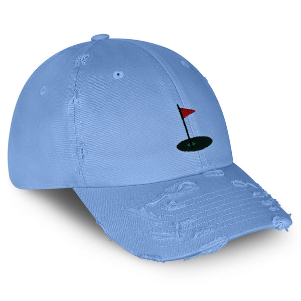 Golf Cup Vintage Dad Hat Frayed Embroidered Cap Golf Ball Hole Flagstick, Pin