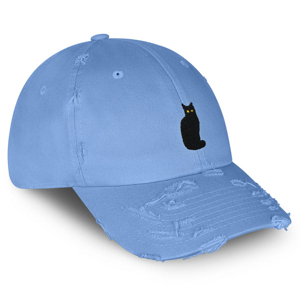 Sitted Black Cat Vintage Dad Hat Frayed Embroidered Cap Cute Kitty