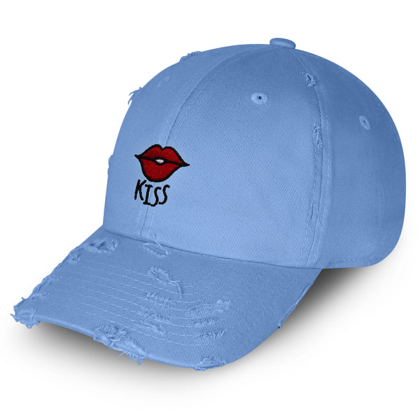 Kiss Lips Vintage Dad Hat Frayed Embroidered Cap Love Red