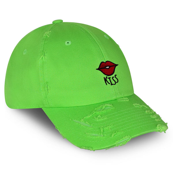 Kiss Lips Vintage Dad Hat Frayed Embroidered Cap Love Red