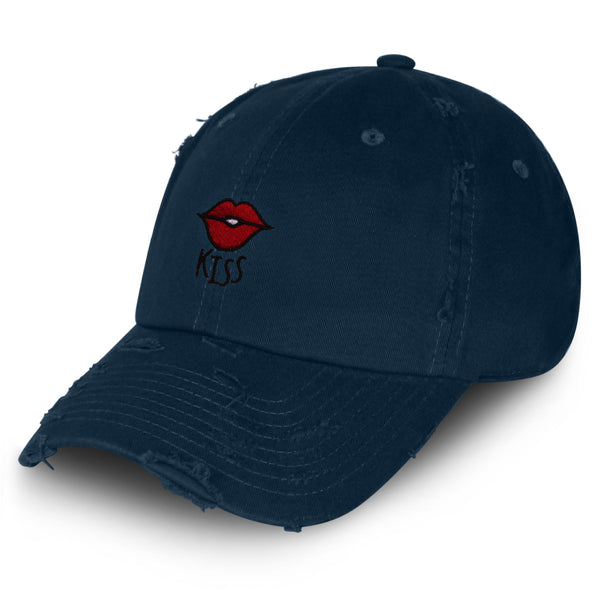 Kiss Lips Vintage Dad Hat Frayed Embroidered Cap Love Red