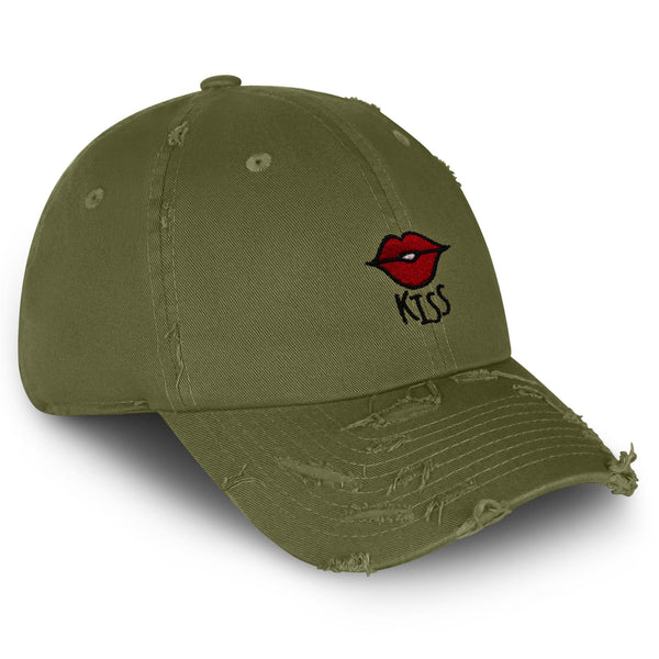 Kiss Lips Vintage Dad Hat Frayed Embroidered Cap Love Red