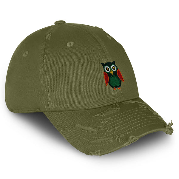 Owl Vintage Dad Hat Frayed Embroidered Cap Bird Green