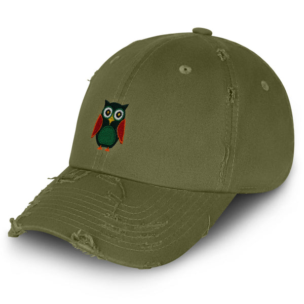 Owl Vintage Dad Hat Frayed Embroidered Cap Bird Green