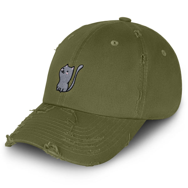 Meow Vintage Dad Hat Frayed Embroidered Cap Cat Kitty