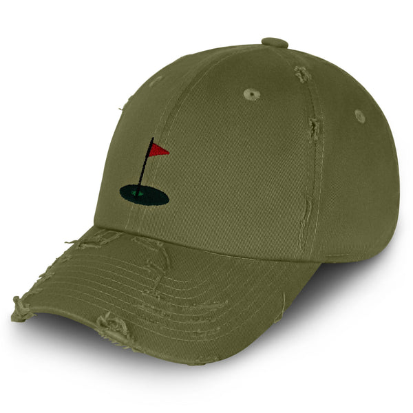 Golf Cup Vintage Dad Hat Frayed Embroidered Cap Golf Ball Hole Flagstick, Pin