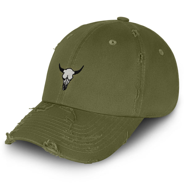 Bull Skull Vintage Dad Hat Frayed Embroidered Cap Cowboy