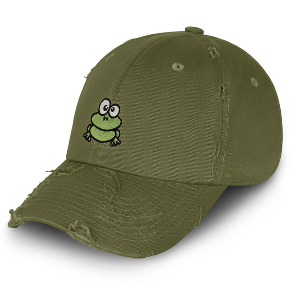 Frog Vintage Dad Hat Frayed Embroidered Cap Green