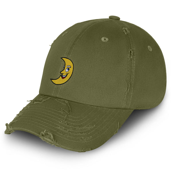 Smiling Crescent Moon Vintage Dad Hat Frayed Embroidered Cap Funny