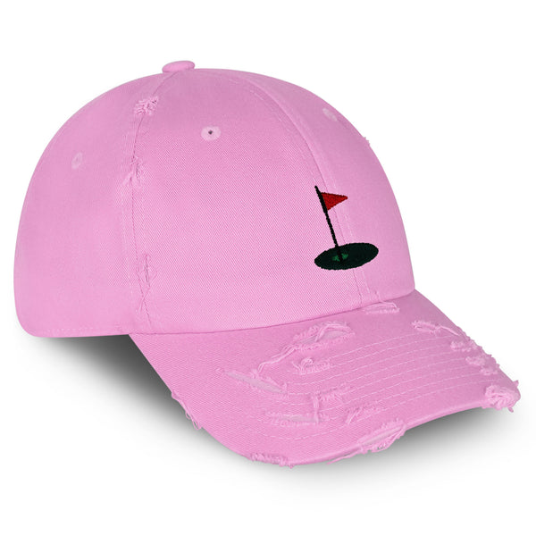 Golf Cup Vintage Dad Hat Frayed Embroidered Cap Golf Ball Hole Flagstick, Pin