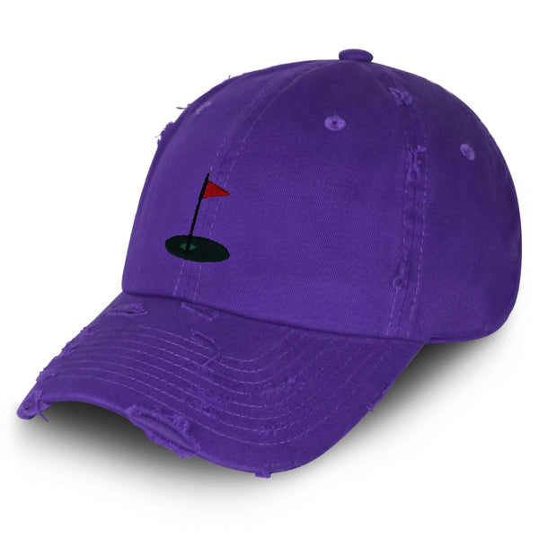 Golf Cup Vintage Dad Hat Frayed Embroidered Cap Golf Ball Hole Flagstick, Pin