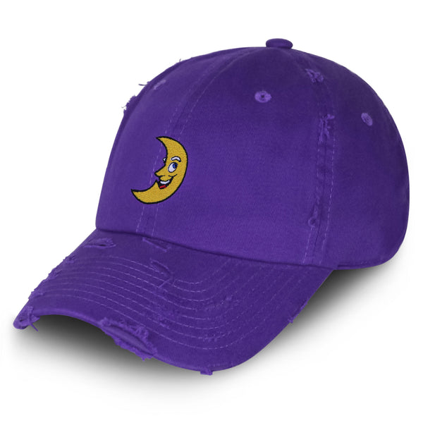 Smiling Crescent Moon Vintage Dad Hat Frayed Embroidered Cap Funny