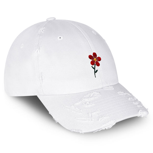 Red Flower Vintage Dad Hat Frayed Embroidered Cap Floral