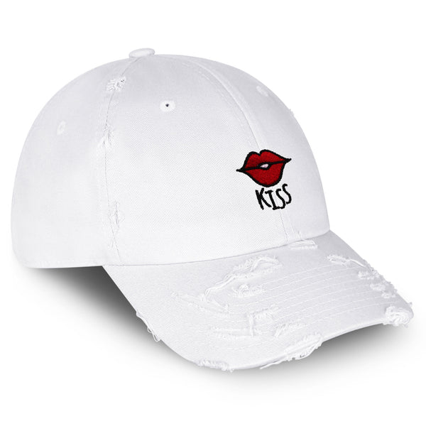 Kiss Lips Vintage Dad Hat Frayed Embroidered Cap Love Red