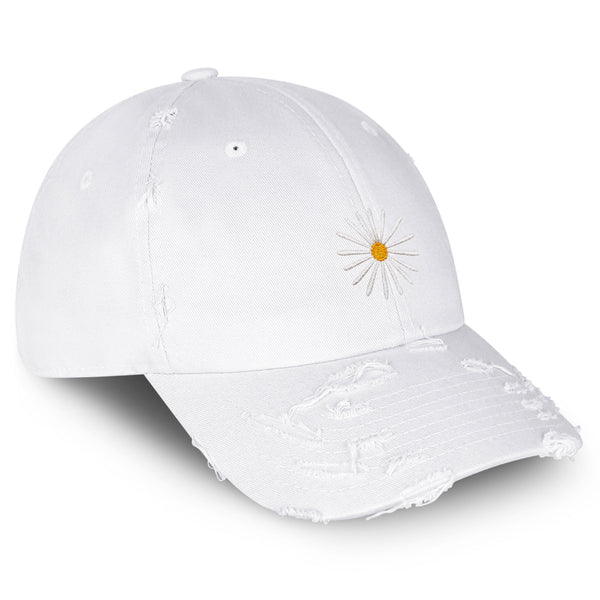 Daisy Vintage Dad Hat Frayed Embroidered Cap Flower White