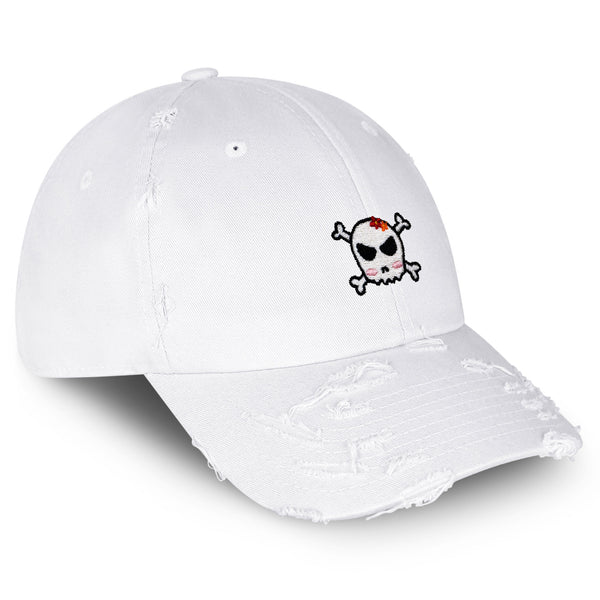 Skull Vintage Dad Hat Frayed Embroidered Cap Ribbon Girly