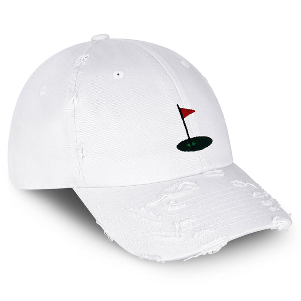 Golf Cup Vintage Dad Hat Frayed Embroidered Cap Golf Ball Hole Flagstick, Pin