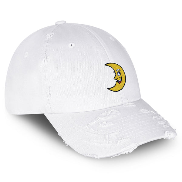 Smiling Crescent Moon Vintage Dad Hat Frayed Embroidered Cap Funny