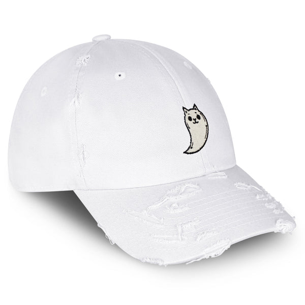 Ghost Cat  Vintage Dad Hat Frayed Embroidered Cap Cute