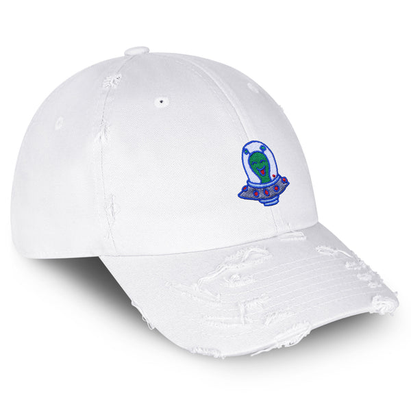 Flying Saucer Vintage Dad Hat Frayed Embroidered Cap UFO