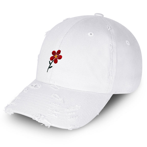 Red Flower Vintage Dad Hat Frayed Embroidered Cap Floral