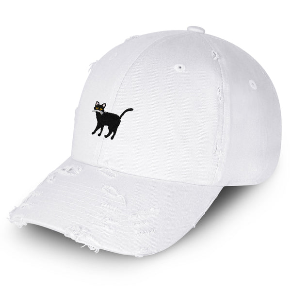 Black Cat Vintage Dad Hat Frayed Embroidered Cap Cute Kitty