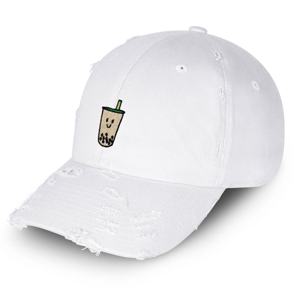 Boba Tea Vintage Dad Hat Frayed Embroidered Cap Pearl