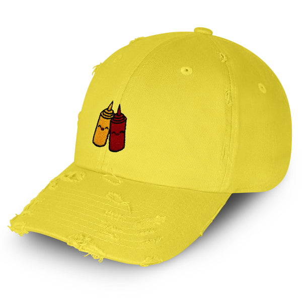 Ketchup and Mustard Vintage Dad Hat Frayed Embroidered Cap Foodie Sauces, Ketchut, Mustard