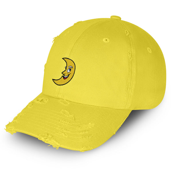 Smiling Crescent Moon Vintage Dad Hat Frayed Embroidered Cap Funny
