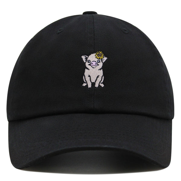 Pig with Flower Hair Pin Premium Dad Hat Embroidered Cotton Baseball Cap Cute